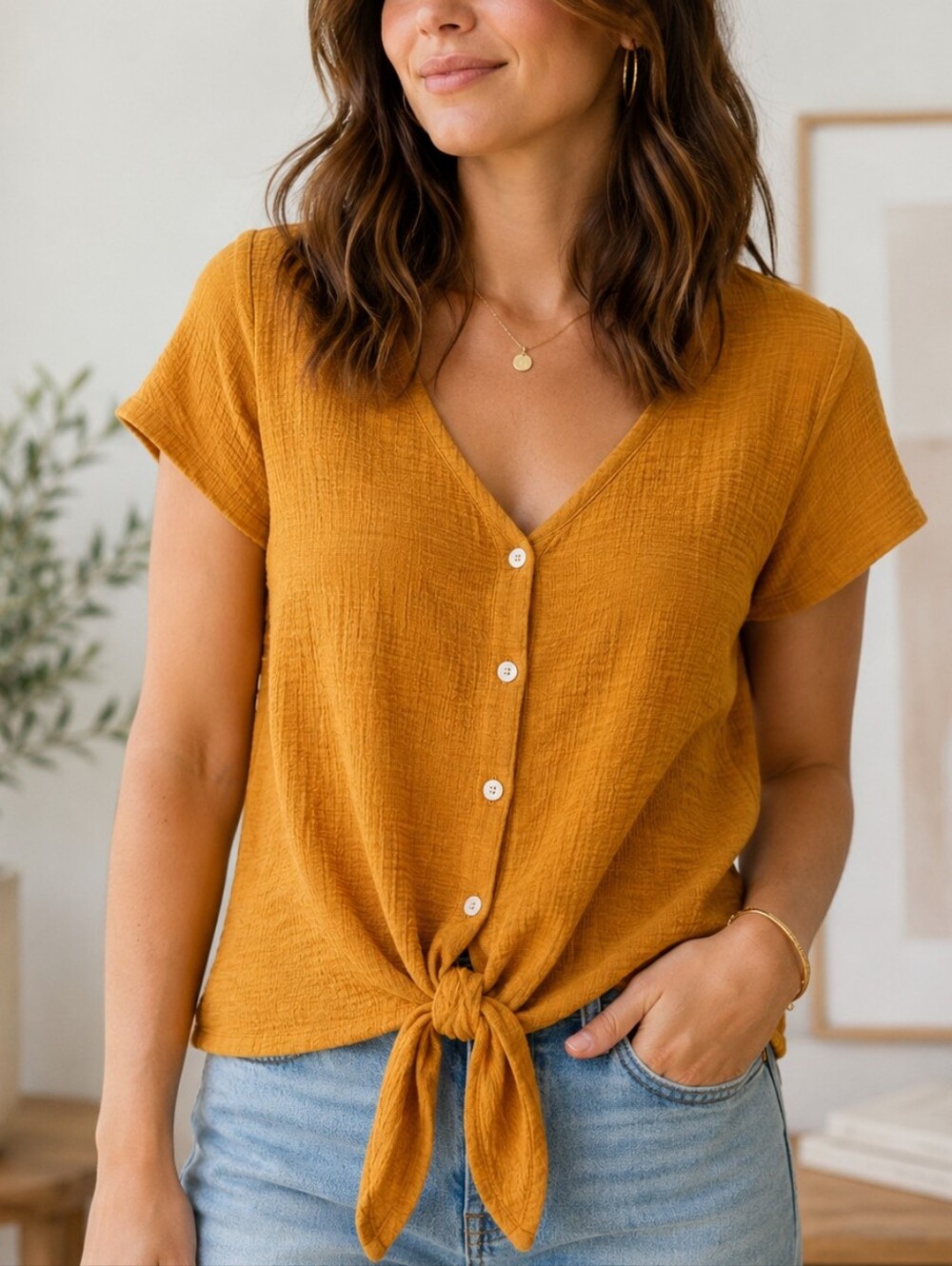 J.Crew Mustard Textured Tie Front Top Size M Casual Boho Blouse - Picture 10 of 10